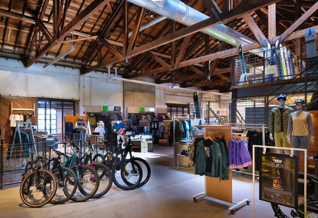 Outdoor sports retail store with mountain bikes and apparel