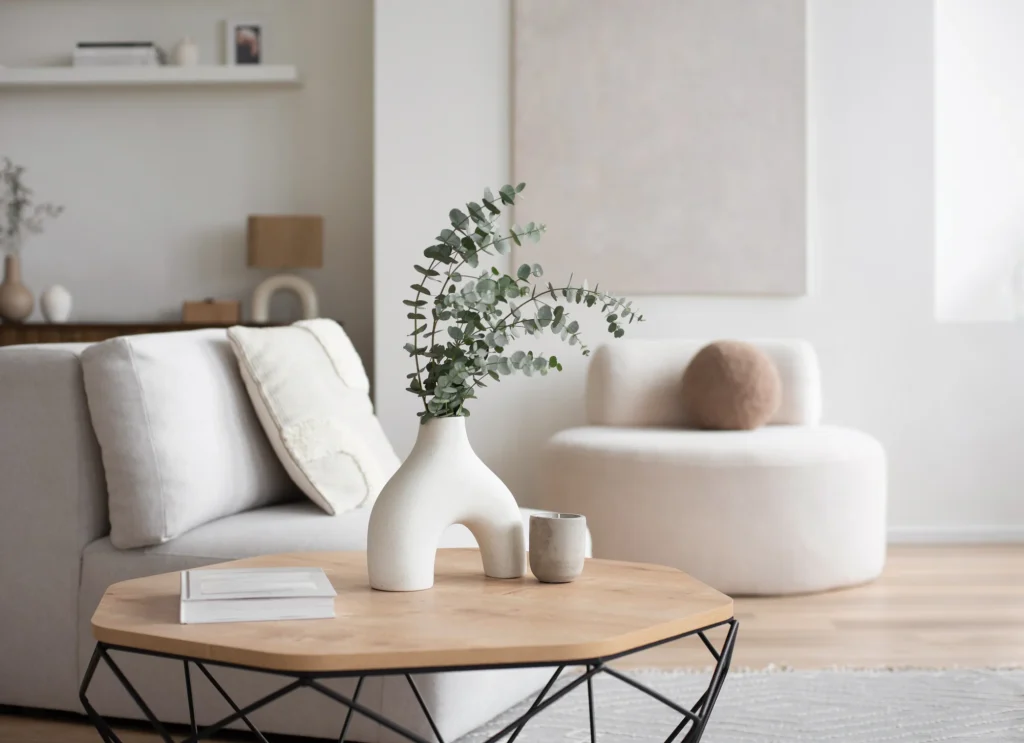 Minimalist living room with eucalyptus vase on wooden coffee table